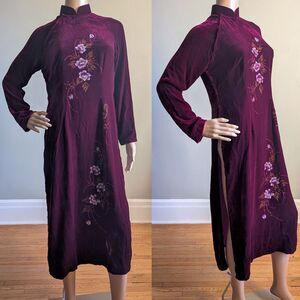 Vintage Velvet Cheongsam Vietnamese Dress Tunic Hand Painted Floral Glitter